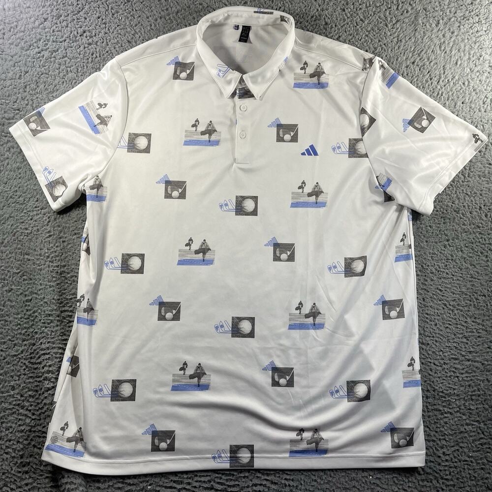 Adidas Golf Polo Shirt Men 2XL XXL White Blue Allover Graphic Print Short Sleeve